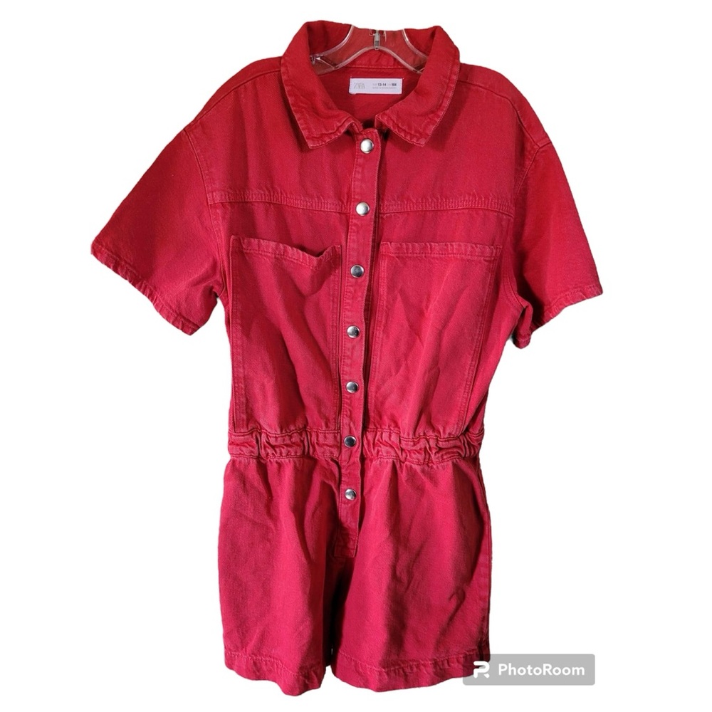 Zara Girls Red Denim Romper sz 13-14